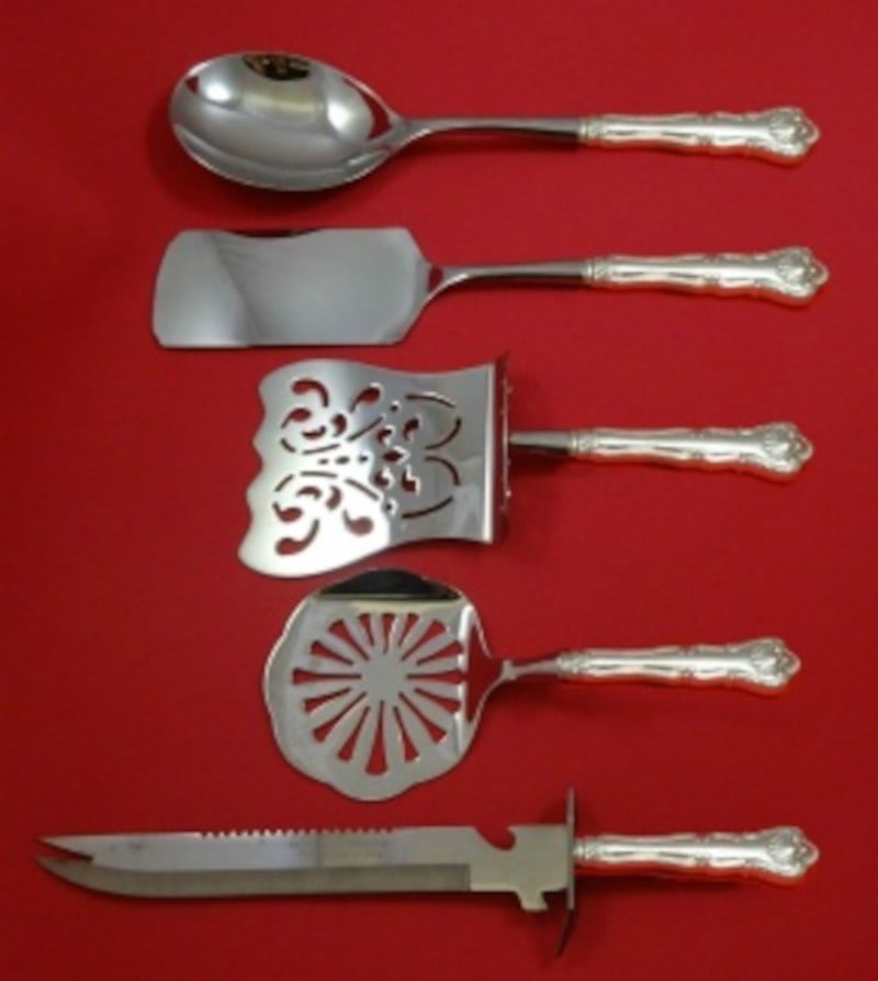 5pc Sterling Silver Hostess Set Durgin New Queens Brunch Serving: 5pc Sterling Silver Hostess Set Durgin New Queens Brunch Serving A 5-piece New Queens by Durgin hostess set in sterling silver with custom made hollow handles and stainless implements. This brunch ser