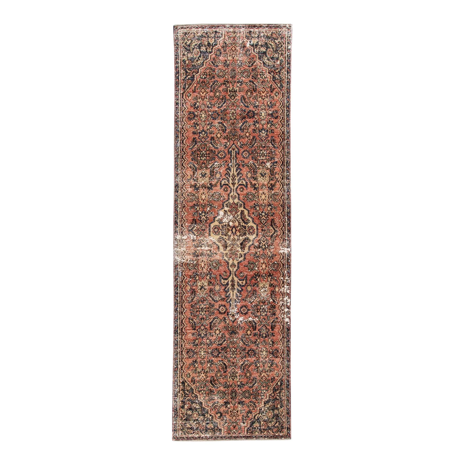 Vintage Persian Distressed Wool Runner Red Floral 2'8 x 9'4: Vintage Persian Distressed Wool Runner Red Floral 2'8 x 9'4 This stunning vintage Persian runner showcases a distressed hand-knotted wool construction, featuring a vibrant red field adorned with a