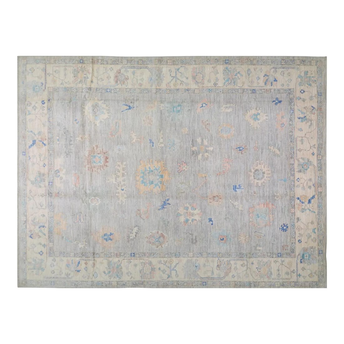 10'2 x 13'7 Gray Wool Floral Oushak Style Hand Knotted Area Rug: 10'2 x 13'7 Gray Wool Floral Oushak Style Hand Knotted Area Rug This Oushak hand-knotted rug features a fine weave and a classic floral design, crafted from wool in a gray color. The rug is pre-owned