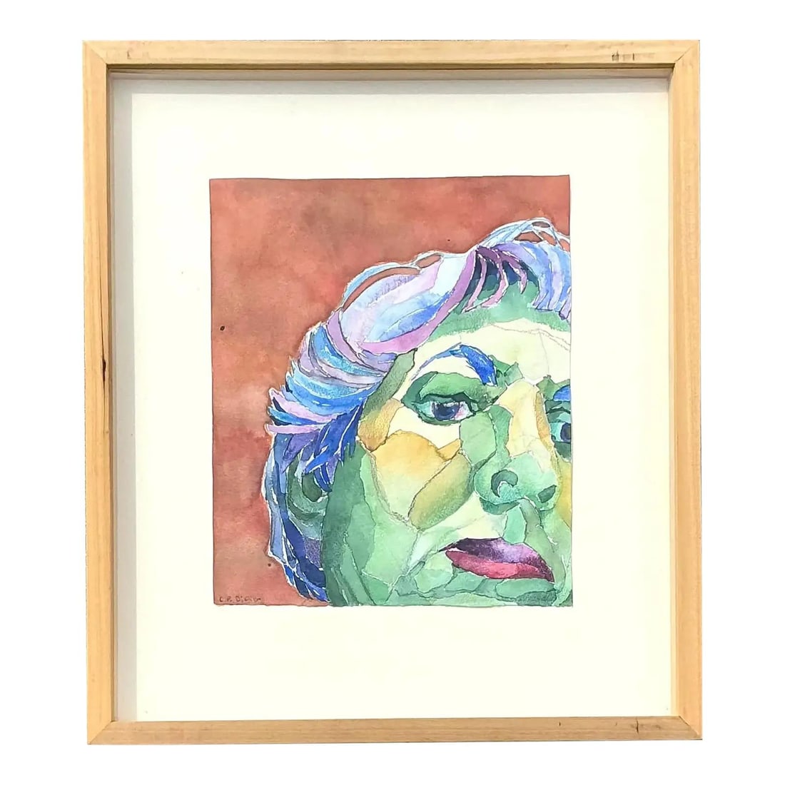 Vintage Watercolor Portrait by C.P. Dicemo in Wood Frame: Vintage Watercolor Portrait by C.P. Dicemo in Wood Frame This captivating vintage watercolor portrait on paper features an expressive and bold gaze, rendered in a unique mosaic-like style. The artist