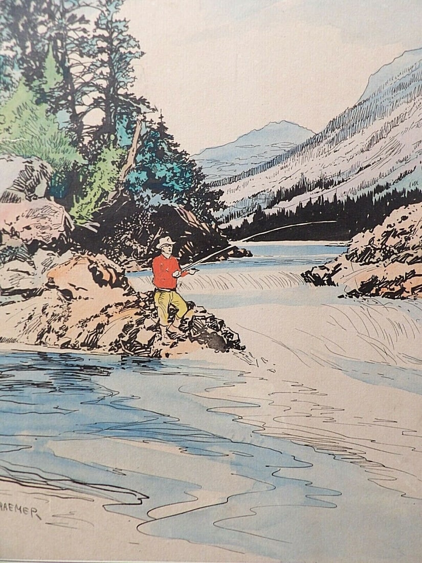 Joseph L Kraemer signed fly fishing illustration painting: Joseph L Kraemer signed fly fishing illustration painting Original illustration painting by Joseph L. Kraemer depicting a man fly fishing in a mountain landscape. Executed in watercolor and pen on art