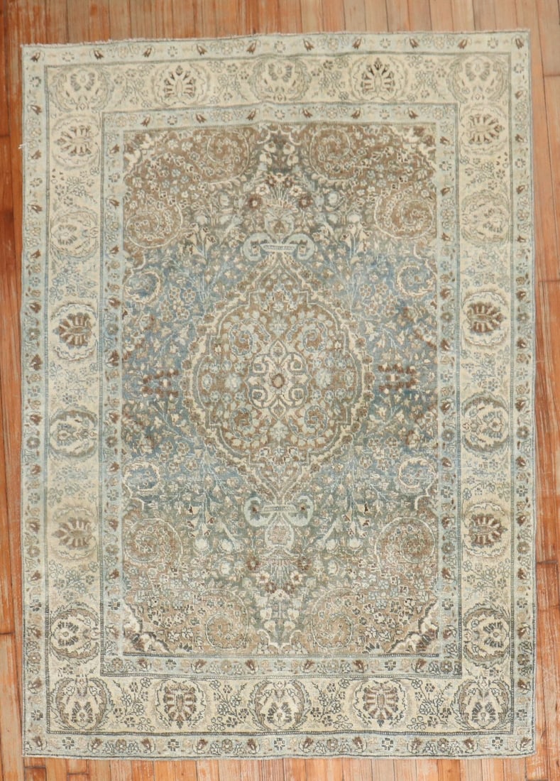 4' 6" x 6' 2" Persian Tabriz Accent Rug in Green: 4' 6" x 6' 2" Persian Tabriz Accent Rug in Green Persian Tabriz accent rug from the 2nd quarter of the 20th century, featuring a formal design in green, beige, and brown. Pre-owned. Specifications Tit