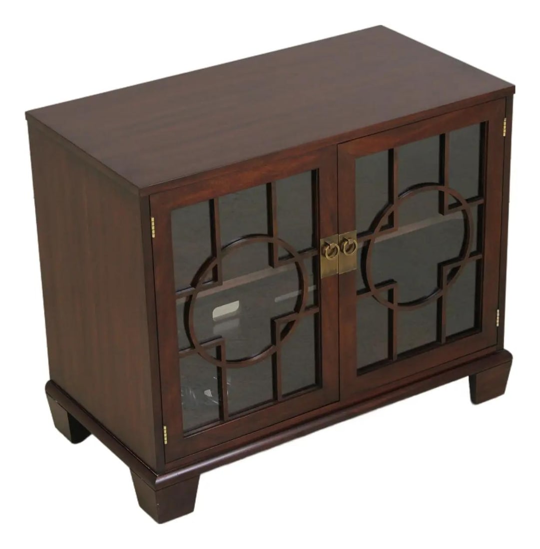 Henkel Harris Chinese Chippendale mahogany media cabinet 38.5w x 20d x 32h: Henkel Harris Chinese Chippendale mahogany media cabinet 38.5w x 20d x 32h Mahogany media cabinet in a Chinese Chippendale style with a modern design. This rare model features adjustable shelves, indi