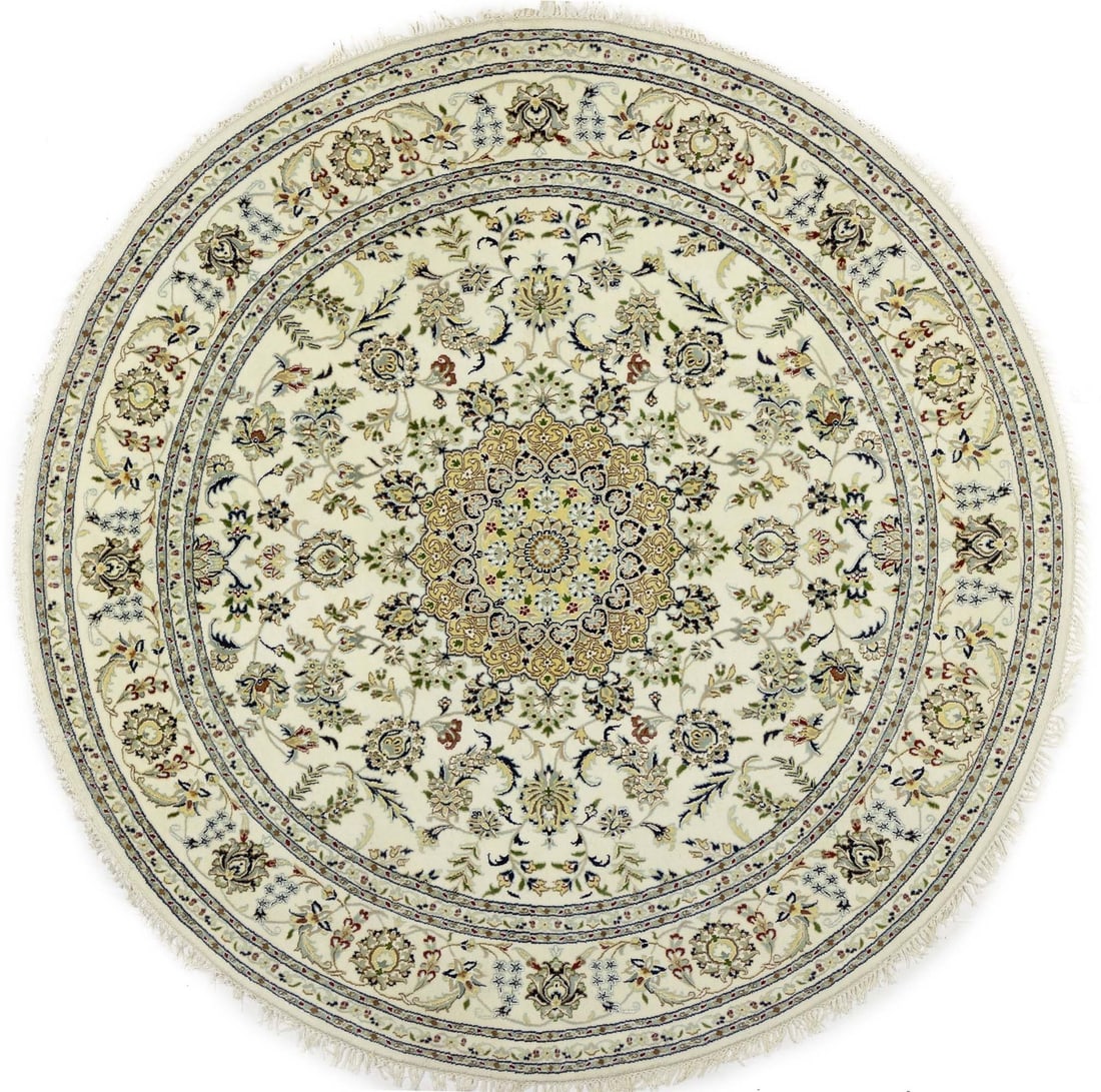 Handmade Round Floral Indo-Nain Wool Silk Rug 8ft Modern Design: Handmade Round Floral Indo-Nain Wool Silk Rug 8ft Modern Design Enhance your dining room or entryway with this exquisite handmade Indo-Nain round rug. Measuring 7'11" in diameter, this beautiful area 