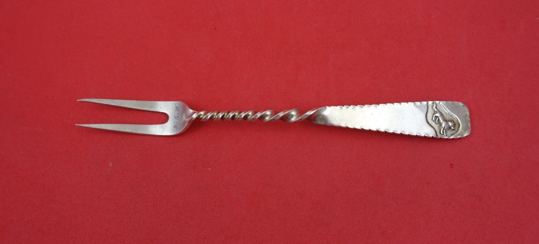 Hamburg Pattern Sterling Silver 2-Tine Cocktail Fork with Dog by Gorham 6 Inch: Hamburg Pattern Sterling Silver 2-Tine Cocktail Fork with Dog by Gorham 6 Inch This is a sterling silver cocktail fork in the Hamburg pattern by Gorham, featuring a 2-tine design with a dog motif. The