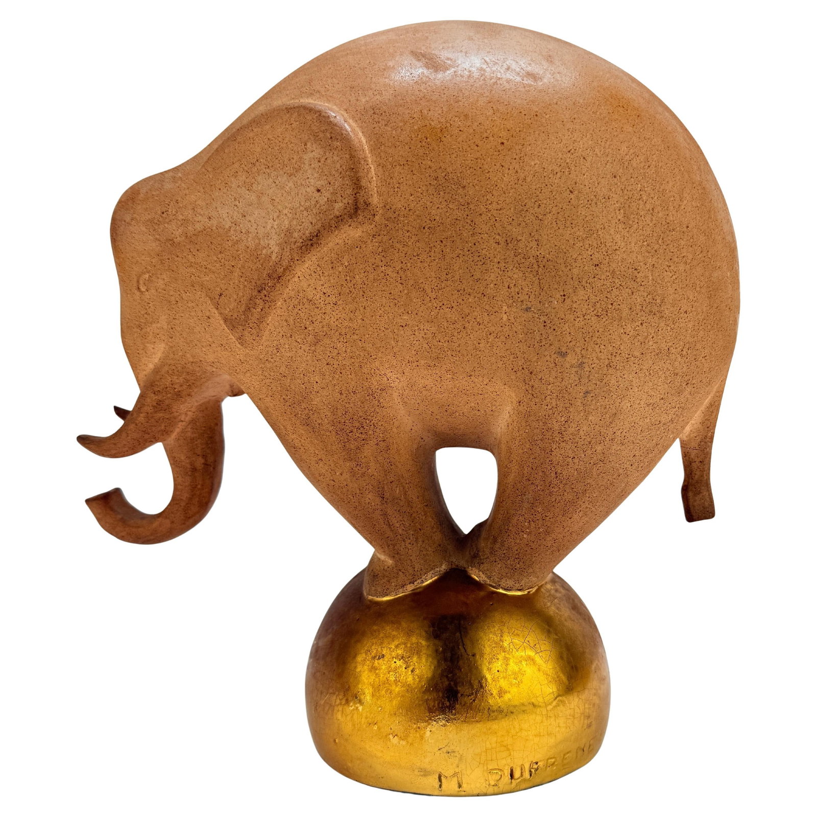 Maurice Dufrene Art Deco Elephant Sculpture 1920 Gold Leaf Terracotta: Maurice Dufrene Art Deco Elephant Sculpture 1920 Gold Leaf Terracotta This exquisite sculpture by Maurice Dufrene, a prominent figure of the French Art Deco movement, features a whimsical depiction of