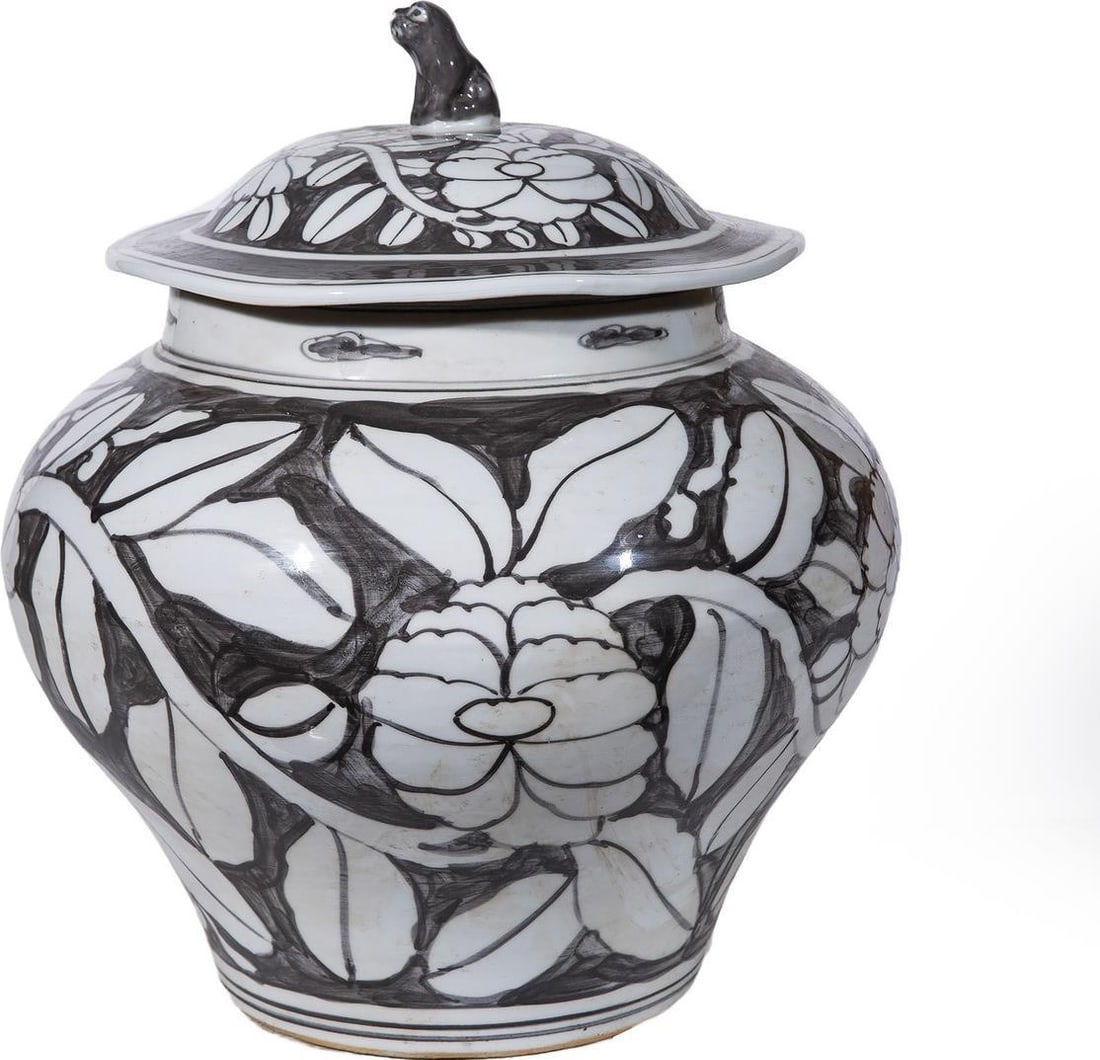 Chinoiserie Handcrafted Black Ceramic Peony Foo Dog Jar (1 of 3)