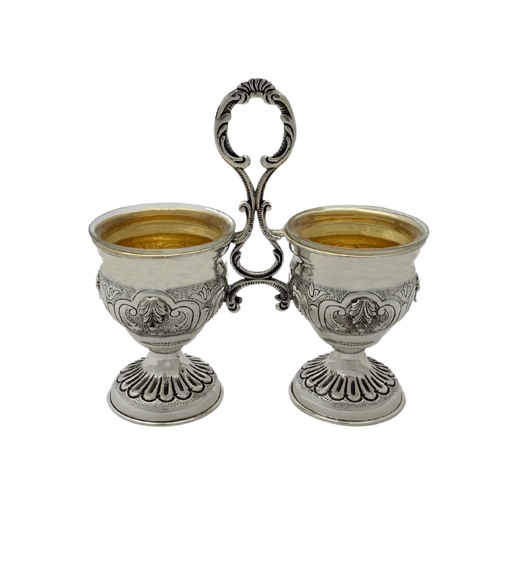 Ornate 925 Sterling Silver Double Salt Holder Handmade Leaf Design (1 of 2)