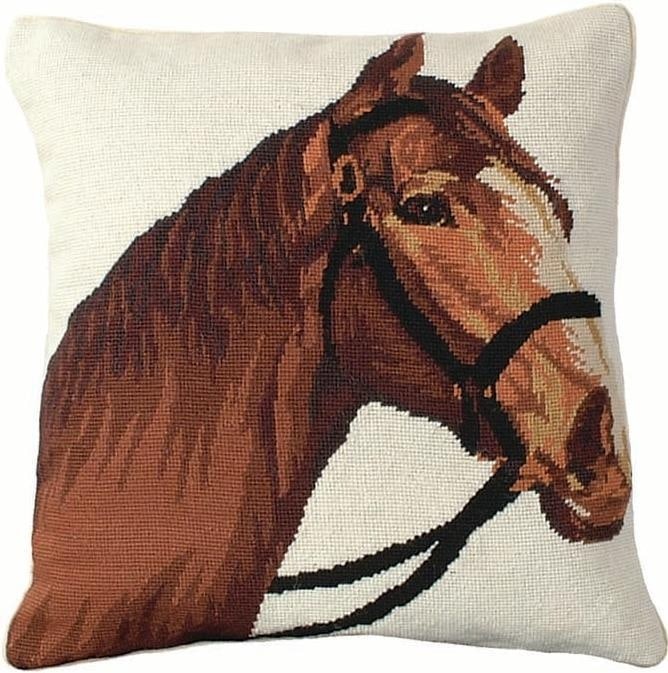 Champ Equestrian Needlepoint Horse Pillow 18x18 Wool Velvet: Champ Equestrian Needlepoint Horse Pillow 18x18 Wool Velvet This exquisite needlepoint horse pillow features a beautiful equestrian design, crafted from high-quality wool with a soft cotton velvet bac