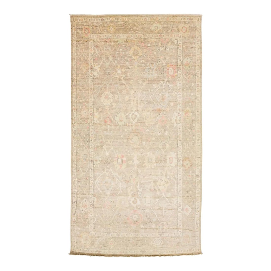 9'6 x 17'6 Hand-Knotted Wool Rug in Oushak Style with Pastel and Earth Tone Palette: 9'6 x 17'6 Hand-Knotted Wool Rug in Oushak Style with Pastel and Earth Tone Palette This modern Oushak-style rug is hand-knotted from high-quality wool and features a sophisticated low-pile texture. I