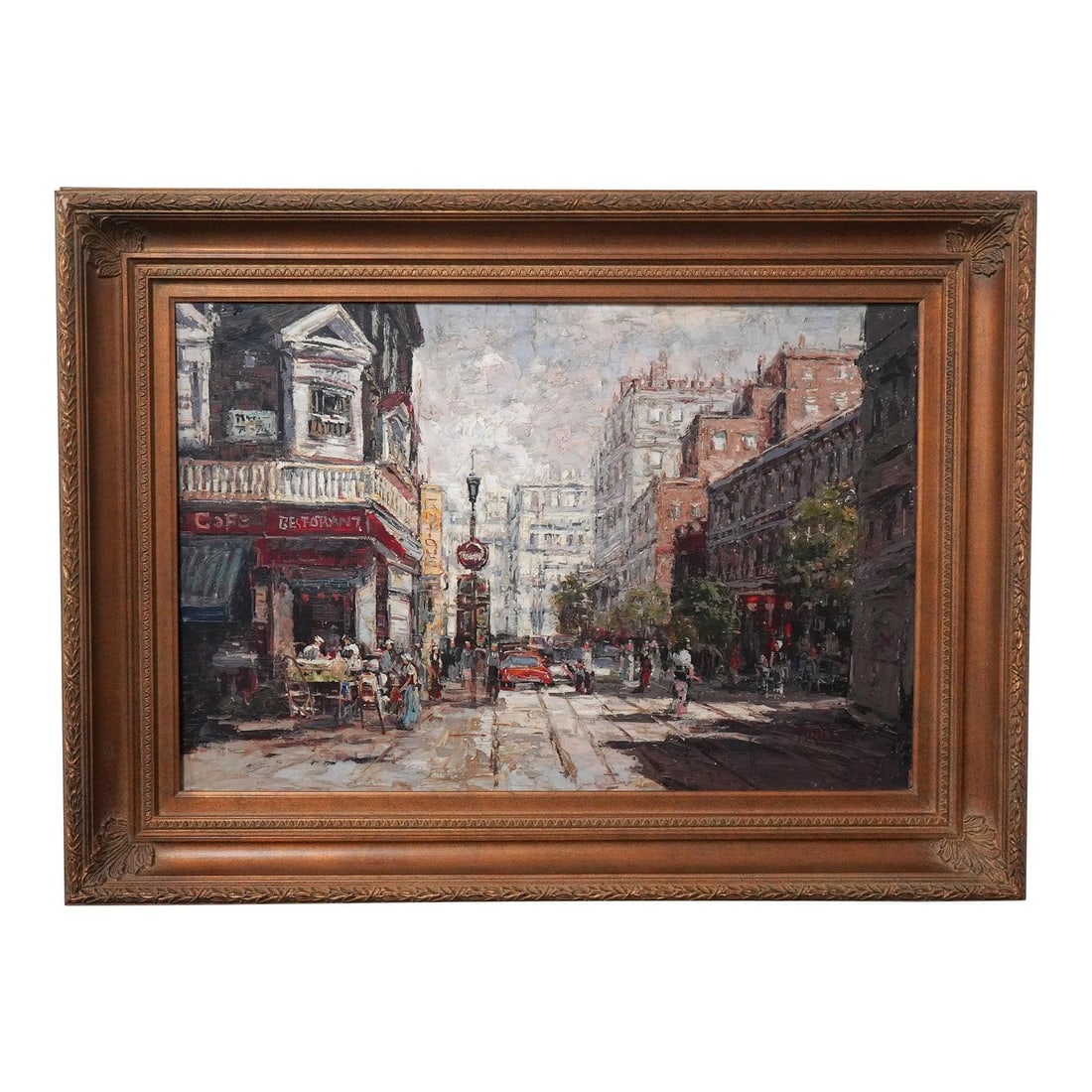 Signed French Street Scene Oil on Canvas Painting 46.5w x 34h (1 of 10)