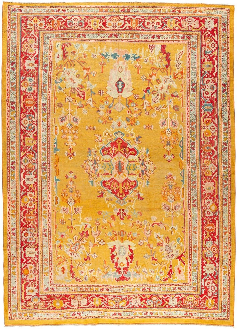 9' 10" x 13' 10" Antique Turkish Ghiordes Room Rug Yellow Field: 9' 10" x 13' 10" Antique Turkish Ghiordes Room Rug Yellow Field Early 20th-century antique Turkish Ghiordes rug with a sunshine yellow field and accents in teal, red, goldenrod, and pink. This room-si