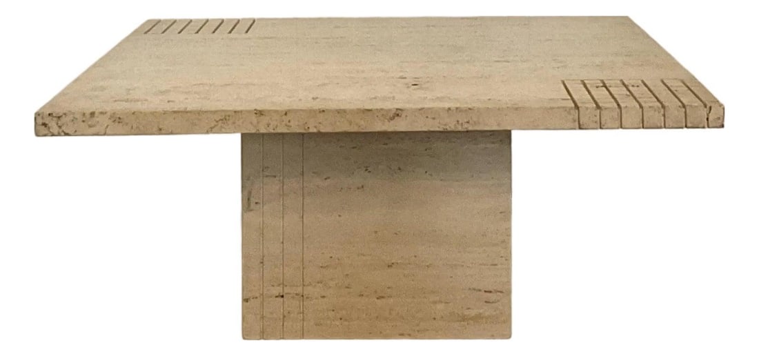Vintage Italian Postmodern Scored Travertine Side Table 32x32 Beige: Vintage Italian Postmodern Scored Travertine Side Table 32x32 Beige Experience the architectural elegance of this vintage travertine side table, a remarkable example of Italian Postmodern design. It f