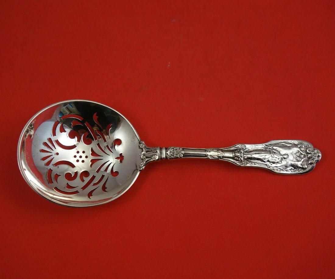 Gorham Mythologique Sterling Silver Slotted Pea Spoon 8 5/8 Inch: Gorham Mythologique Sterling Silver Slotted Pea Spoon 8 5/8 Inch This exquisite slotted pea spoon, measuring 8 5/8 inches, is part of the Mythologique pattern by Gorham, crafted from high-quality ster