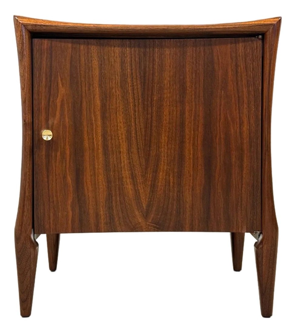 1960s Walnut Mid Century Modern Nightstand with Brass Knob: 1960s Walnut Mid Century Modern Nightstand with Brass Knob This elegant mid-century modern nightstand features a single door design crafted from rich walnut wood, enhanced by a polished brass knob. Pr
