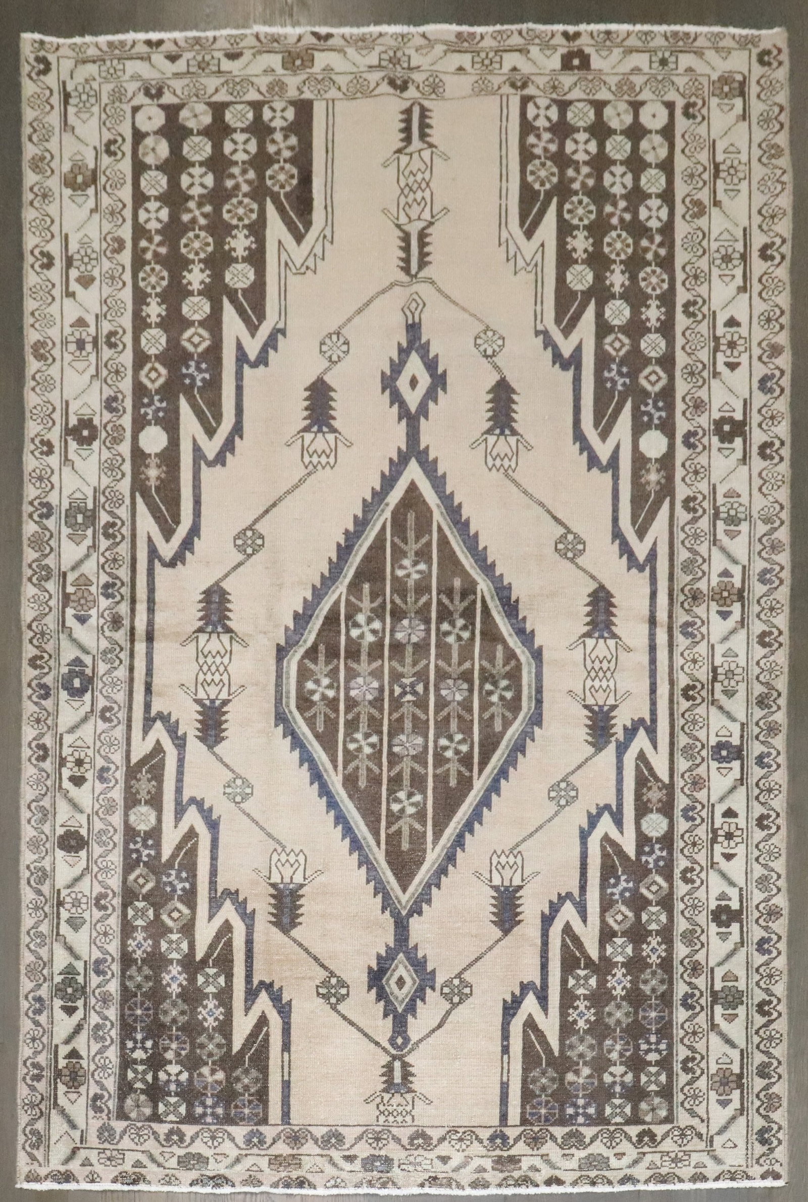 4' 3" x 6' 5" Neutral Malayer Accent Rug: 4' 3" x 6' 5" Neutral Malayer Accent Rug Mid 20th century Mazlagan Malayer accent rug in a neutral color palette. This pre-owned rug offers a versatile design suitable for a range of interiors. Specif