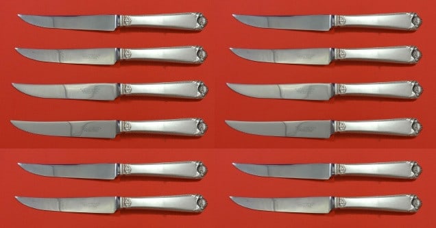 Watson George II Rex Hand Chased Sterling Silver Steak Knife Set 12pc: Watson George II Rex Hand Chased Sterling Silver Steak Knife Set 12pc This exquisite set of 12 George II Rex Hand Chased Steak Knives showcases the classic craftsmanship of Watson. Each knife features
