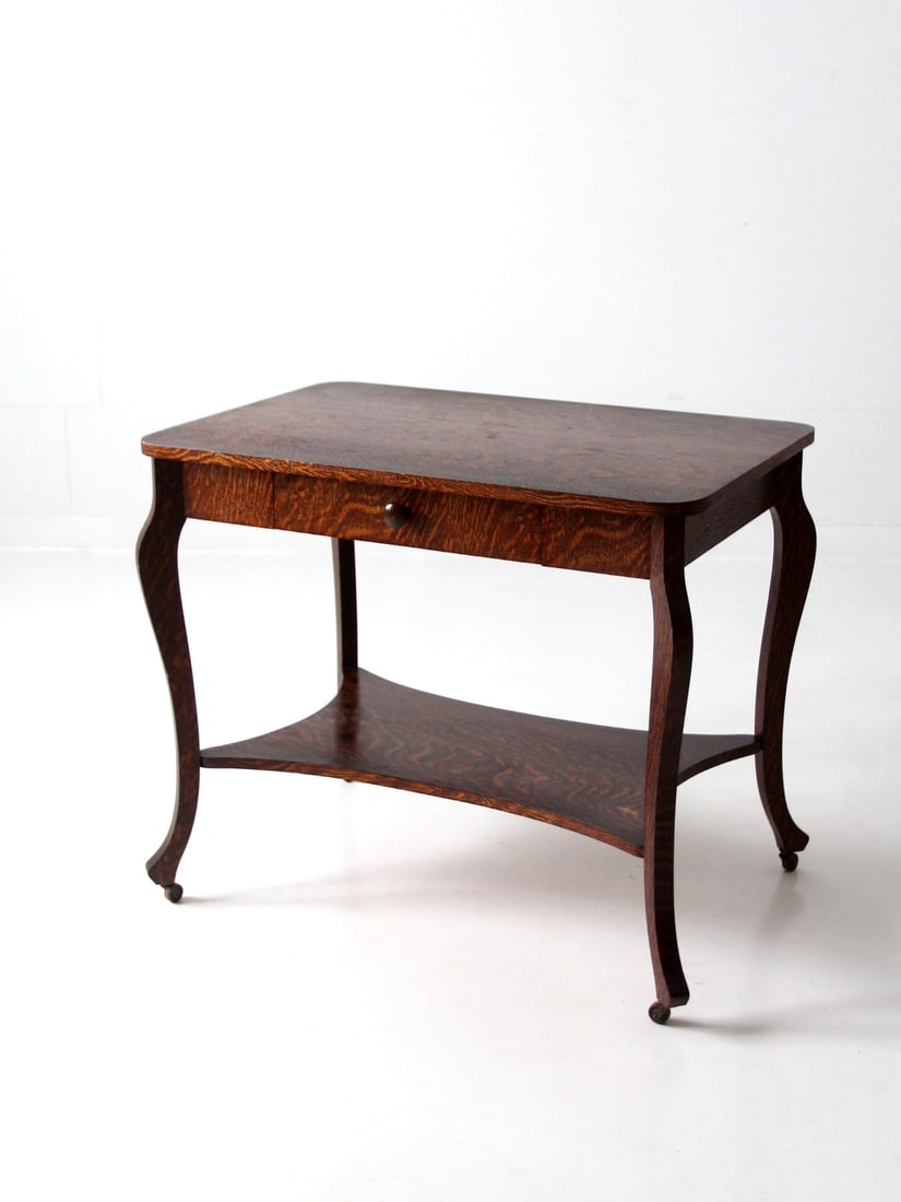 Antique Tiger Oak Library Table with Cabriolet Legs and Drawer (1 of 16)