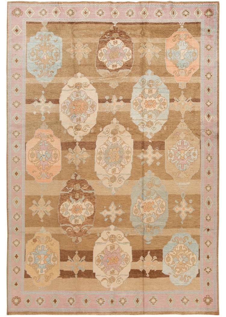 Contemporary Turkish Kars Wool Rug 10'5 x 15'6 Rose Frame: Contemporary Turkish Kars Wool Rug 10'5 x 15'6 Rose Frame Enhance your living space with this stunning 21st Century Modern Kars Wool Rug. This beautiful contemporary Turkish rug features a hand-knotte