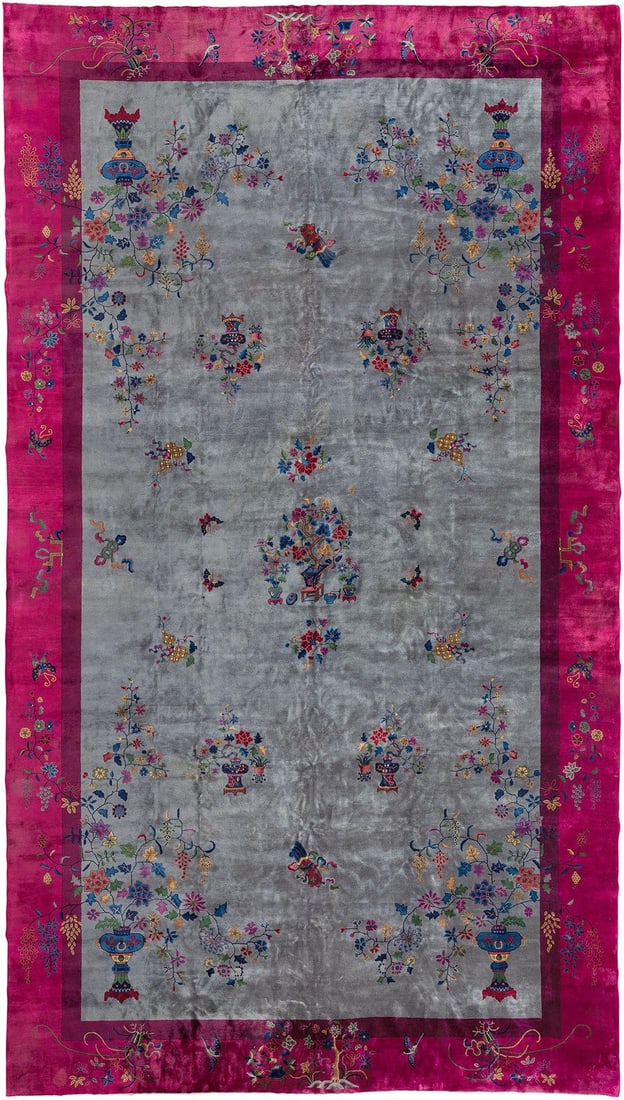13' 2" x 22' 11" Chinese Art Deco Rug Floral Grey Field (1 of 7)