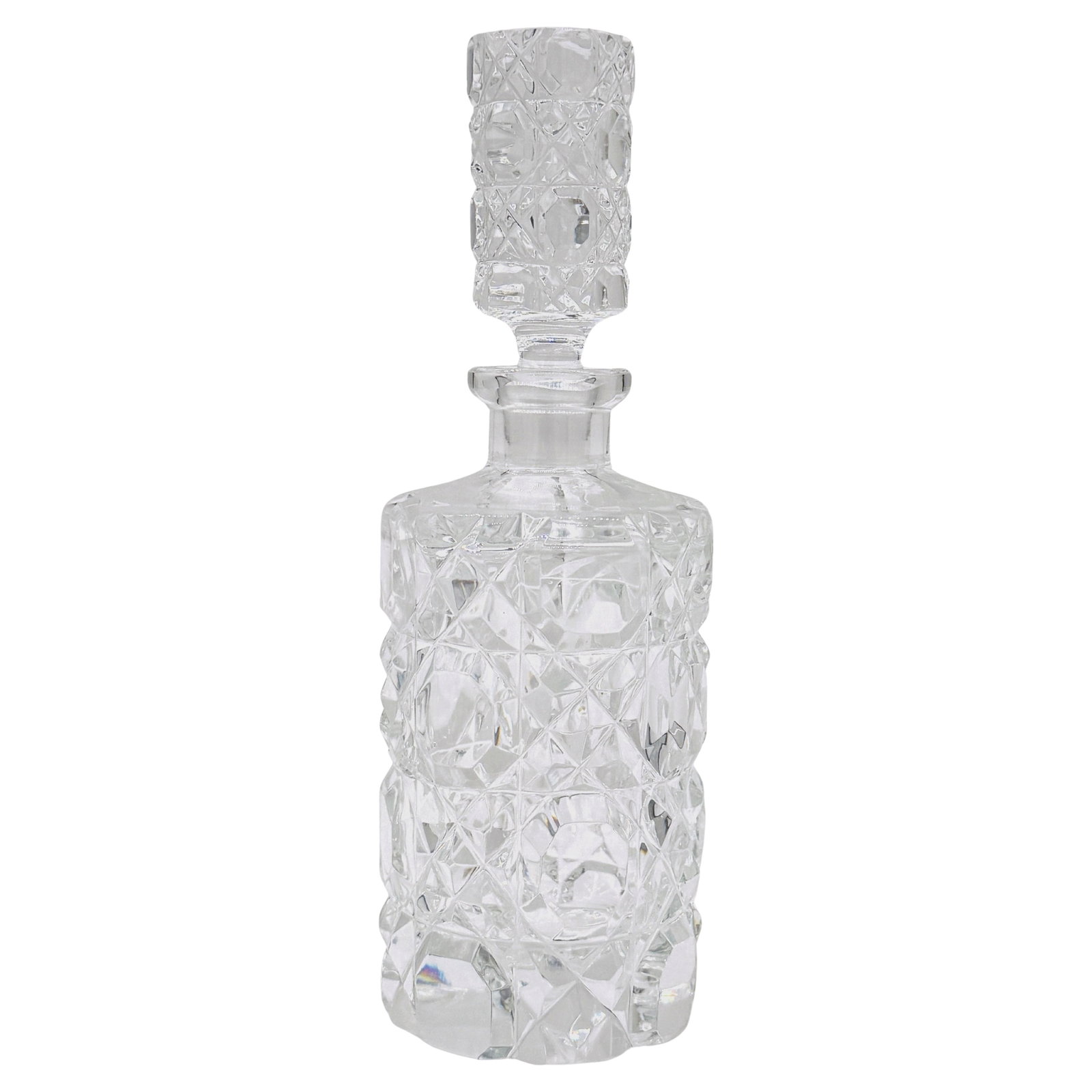 Charming English Art Deco Cut Glass Decanter 9in Tall: Charming English Art Deco Cut Glass Decanter 9in Tall This charming English Art Deco cut glass diminutive decanter, dating from the 1930s, stands 9 inches high with a diameter of 3 inches. Its sleek a