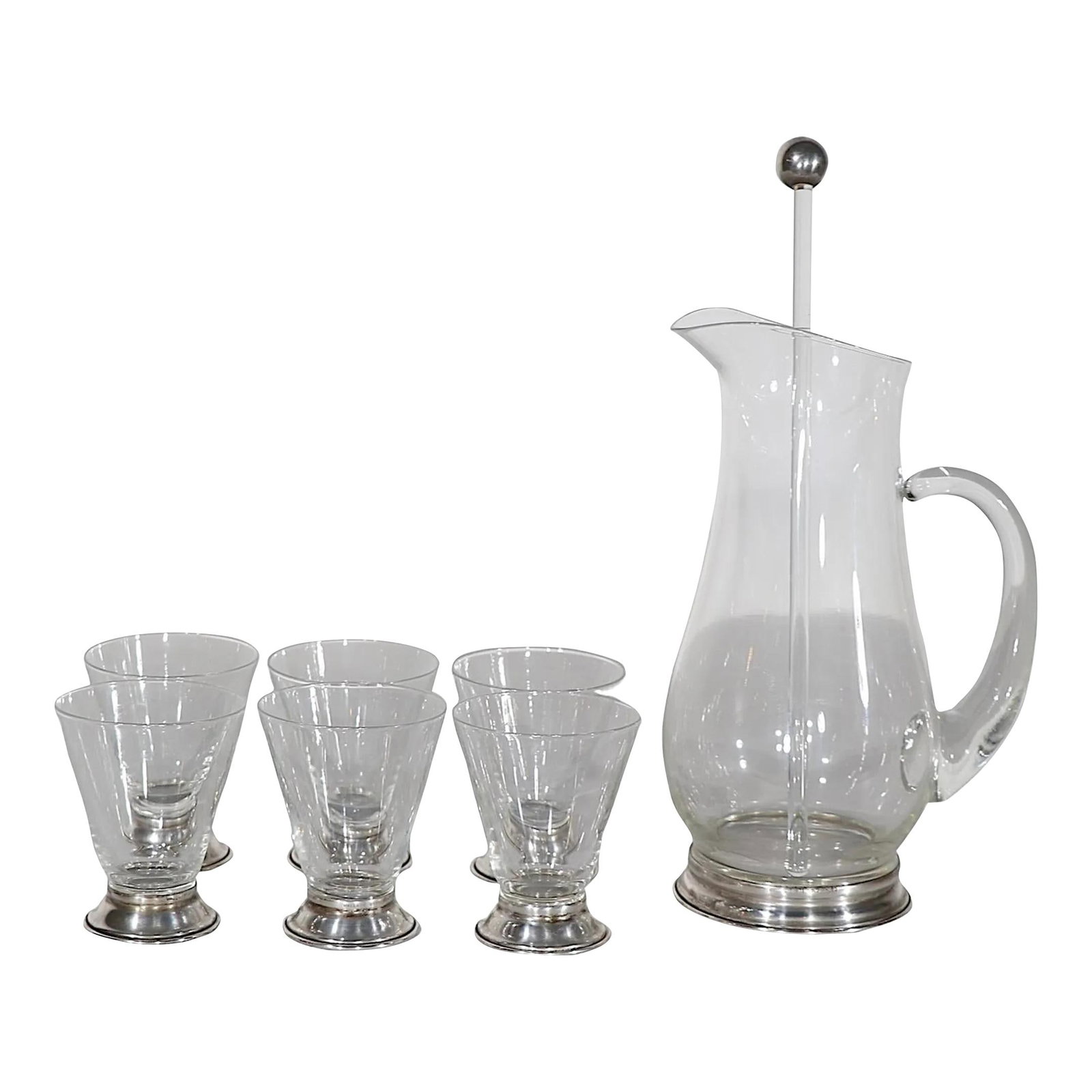 8 Piece Wallace Sterling Silver Glass Mid Century Cocktail Set: 8 Piece Wallace Sterling Silver Glass Mid Century Cocktail Set Elevate your cocktail experience with this chic Mid Century cocktail pitcher set, featuring one tall pitcher, a stir stick, and six match