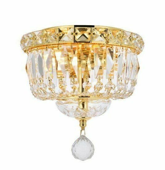 Tranquil gold crystal flush mount chandelier 2 light 8 inch: Tranquil gold crystal flush mount chandelier 2 light 8 inch This modern empire-style flush mount chandelier features a gold finish and is adorned with royal cut clear crystals. Designed for indoor use