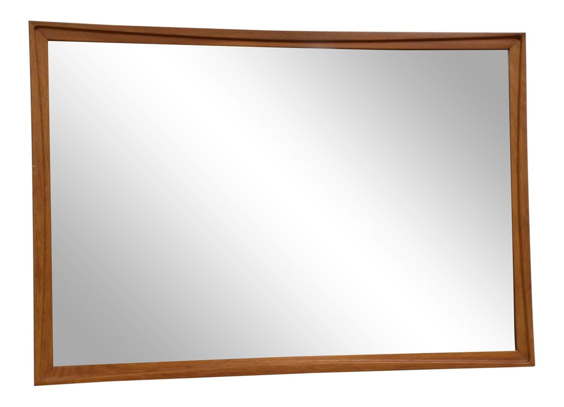 Vintage 1950s Mid-Century Walnut Framed Mirror 50.75 x 34.75: Vintage 1950s Mid-Century Walnut Framed Mirror 50.75 x 34.75 This stunning mid-century modern mirror features a beautifully crafted light walnut frame, originally designed to be mounted on a dresser. 