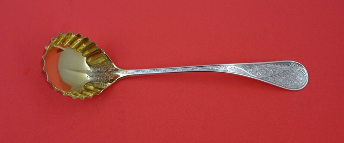 Wood & Hughes Cashmere Sterling Silver Sauce Ladle 7 3/8 Gold Wash Pie Crust Edge: Wood & Hughes Cashmere Sterling Silver Sauce Ladle 7 3/8 Gold Wash Pie Crust Edge Elevate your dining experience with this exquisite Cashmere pattern sauce ladle by Wood and Hughes. Crafted from high-
