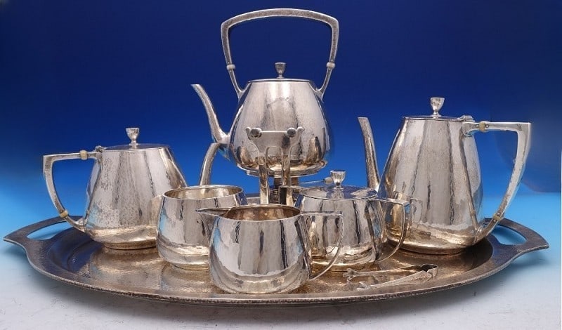 Whiting Colonial Sterling Silver 7pc Tea Set with Kettle on Stand: Whiting Colonial Sterling Silver 7pc Tea Set with Kettle on Stand Experience the elegance of the Colonial by Whiting Sterling Silver Tea Set, a stunning collection crafted from .925 sterling silver. T