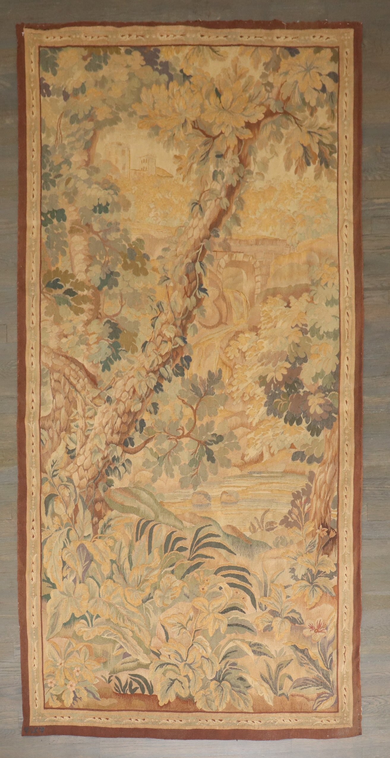 Signed LK French Aubusson verdure wool tapestry panel 3' 11" x 7' 7" (1 of 7)