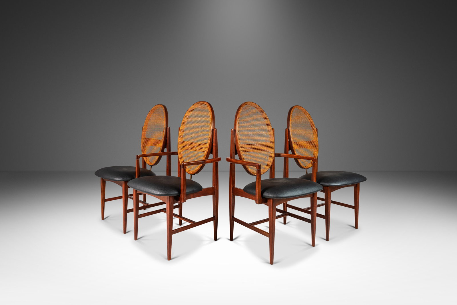 Milo Baughman Set of 4 Mid-Century Cane-Back Dining Chairs Walnut 1960s: Milo Baughman Set of 4 Mid-Century Cane-Back Dining Chairs Walnut 1960s Discover a rare set of four Mid-Century Modern cane-back dining chairs designed by Milo Baughman for Directional Furniture, craf