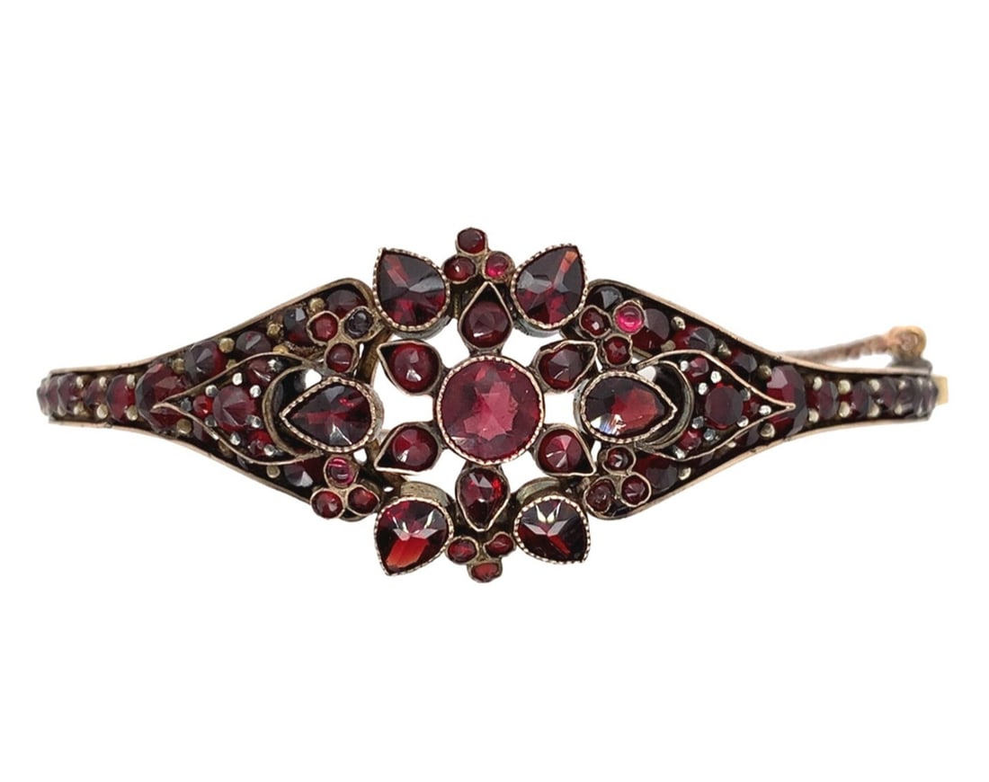 Antique Bohemian Garnet Bangle Bracelet with Rosette Center (1 of 11)