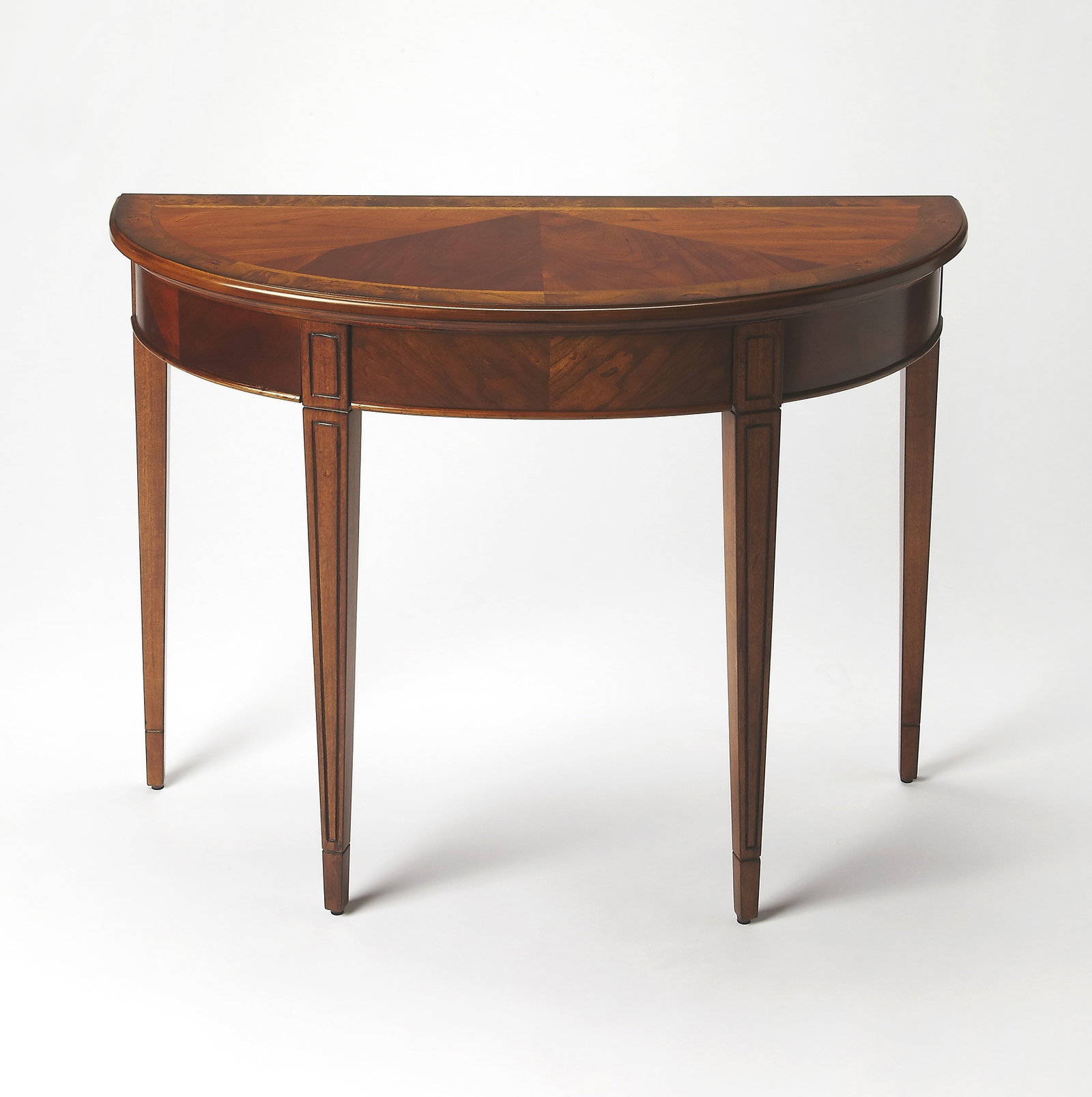 Butler Hampton Console Table Cherry Mozambique Veneer Demilune Design: Butler Hampton Console Table Cherry Mozambique Veneer Demilune Design This elegant Hampton Console Table features a beautiful Cherry Mozambique veneer with a rich Olive Ash Brown finish. Designed in a