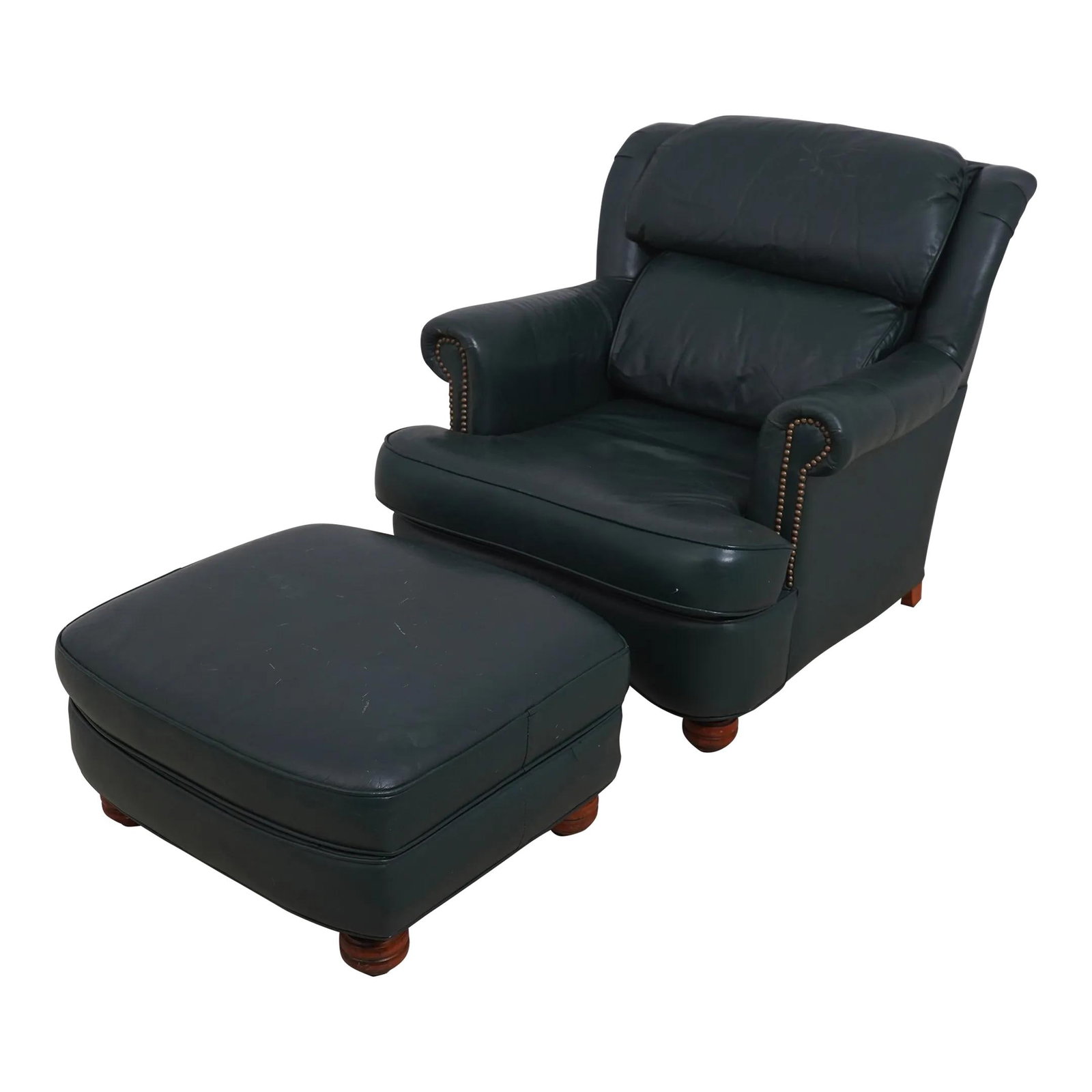 1990s Sam Moore Hunter Green Leather Chair and Ottoman Set: 1990s Sam Moore Hunter Green Leather Chair and Ottoman Set This exquisite 1990s Sam Moore Hunter Green Leather Chair and Ottoman set showcases quality craftsmanship and timeless design. Made from prem