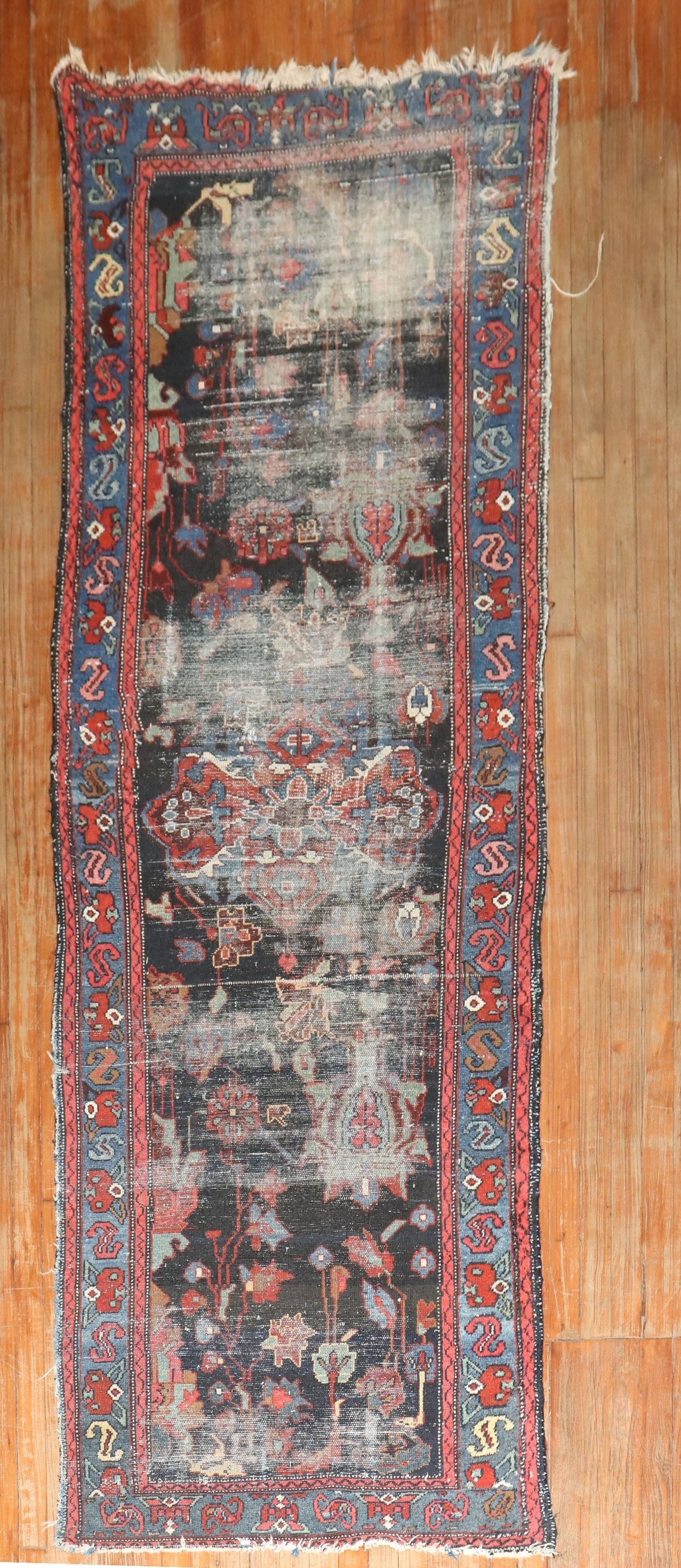 3' 2" x 9' 11" Persian Malayer Runner Distressed: 3' 2" x 9' 11" Persian Malayer Runner Distressed Early 20th century distressed Persian runner in the Malayer style. This pre-owned rug features a worn, shabby chic look with intricate floral and geome