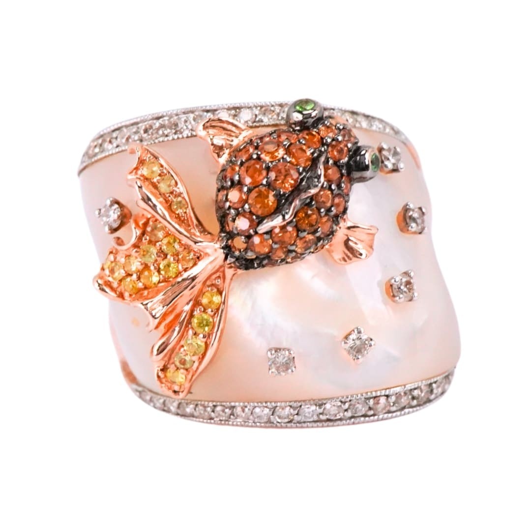 Custom 14K Rose Gold Fish Ring with Citrine Diamond and Synthetic Pearl: Custom 14K Rose Gold Fish Ring with Citrine Diamond and Synthetic Pearl Custom 14K rose gold ring with a fish motif, set on a synthetic mother of pearl base and accented with citrine quartz, mixed sem