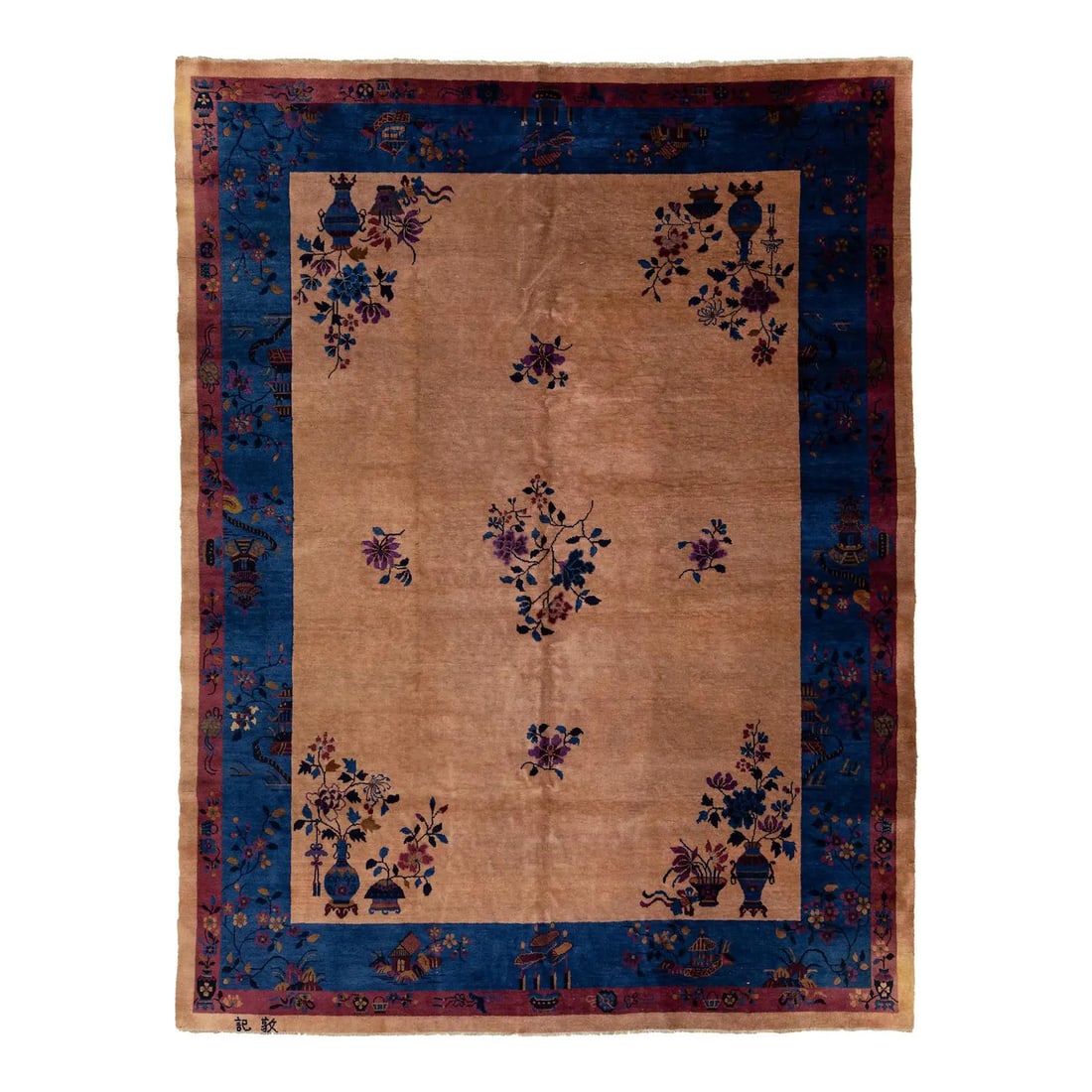 Antique Art Deco Chinese Handmade Wool Rug 9 x 12 Floral Design: Antique Art Deco Chinese Handmade Wool Rug 9 x 12 Floral Design Discover the beauty of this exquisite antique Chinese Art Deco rug, meticulously hand-knotted from high-quality wool. The rug showcases 