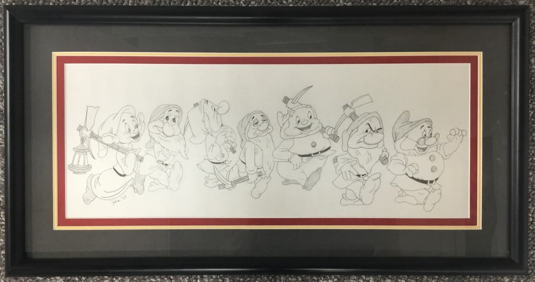 Framed 2001 Disney Artist Pencil Drawing of The Seven Dwarfs: Framed 2001 Disney Artist Pencil Drawing of The Seven Dwarfs This custom-framed piece features an original character drawing of The Seven Dwarfs by a Disney artist, created in 2001. Rendered in pencil