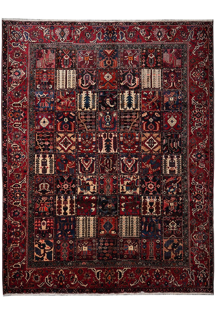 Old Persian Bakhtiar Garden Wool Rug 128 x 148 in Hand Knotted Iran: Old Persian Bakhtiar Garden Wool Rug 128 x 148 in Hand Knotted Iran Free continental US Shipping This Old Persian Tribal Garden Bakhtiar Rug is a hand-knotted area rug from Iran, crafted in the 1970s 