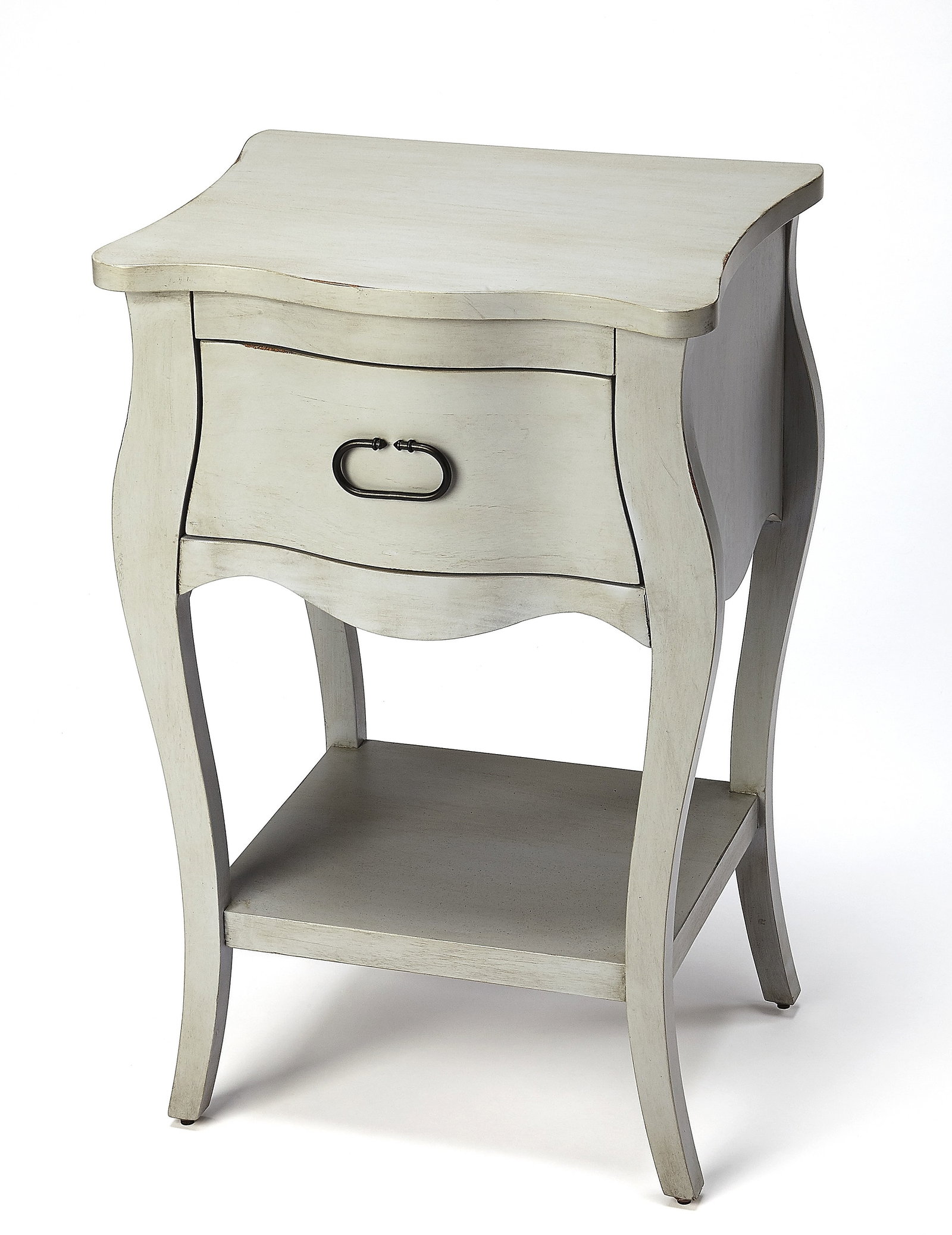 Butler Transitional Gray Nightstand with Shelf and Scalloped Apron: Butler Transitional Gray Nightstand with Shelf and Scalloped Apron This Transitional Gray Nightstand combines functionality with elegance, featuring a scalloped apron design that adds a touch of sophi
