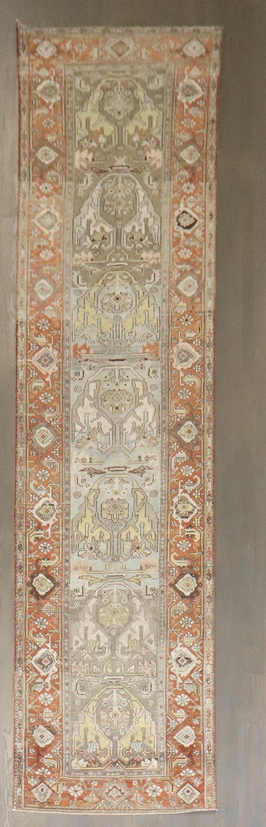 3' 1" x 12' 10" Persian Bidjar Runner Early 20th Century Gray Field: 3' 1" x 12' 10" Persian Bidjar Runner Early 20th Century Gray Field Early 20th century Persian Bidjar runner with a gray field and traditional patterned design. This pre-owned rug is identified as a B