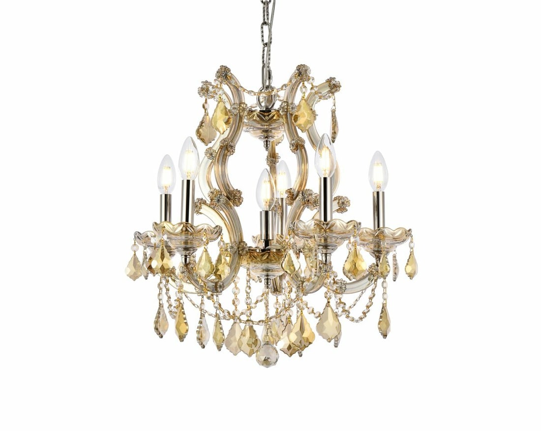 Maria Theresa 6-Light Chandelier with Golden Teak Royal Cut Crystals 20 Inch: Maria Theresa 6-Light Chandelier with Golden Teak Royal Cut Crystals 20 Inch The Maria Theresa 6-Light chandelier features a golden teak finish with royal cut golden teak crystals and a matching golde