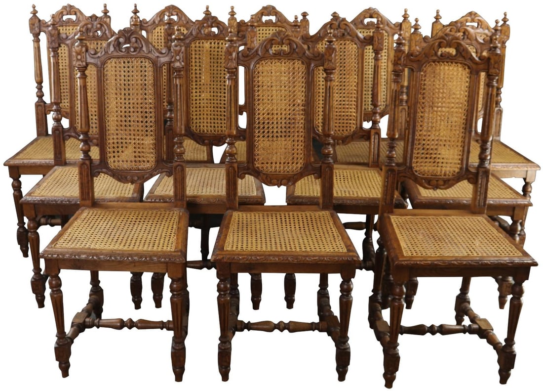 Set of 12 French Antique Oak Dining Chairs Hunting Style Chestnut Finish: Set of 12 French Antique Oak Dining Chairs Hunting Style Chestnut Finish This set of 12 French Antique Oak Dining Chairs exudes classic elegance with a charming Hunting Style design. Crafted from dura