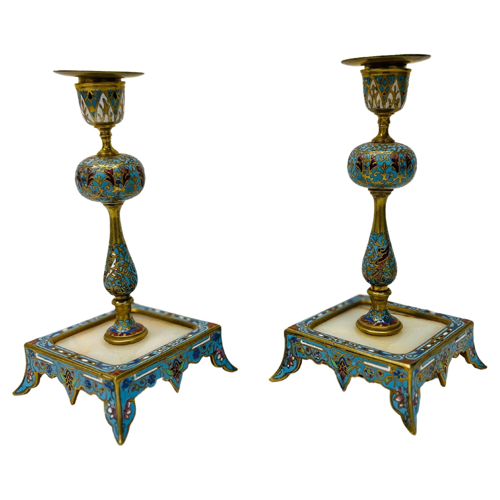 19th Century French Gilt Bronze Cloisonne Onyx Candlesticks Set of 2: 19th Century French Gilt Bronze Cloisonne Onyx Candlesticks Set of 2 This exquisite pair of 19th-century French candlesticks showcases a luxurious combination of gilt bronze, cloisonne enamel, and ony
