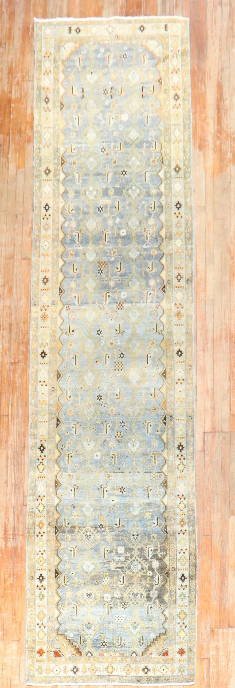 3' 8" x 17' 8" Persian Malayer Rug Runner 1920s: 3' 8" x 17' 8" Persian Malayer Rug Runner 1920s Antique Persian Malayer runner from the 1920s featuring a long, wide format and a color palette of pretty blues with some chartreuse blended in. Pre-own