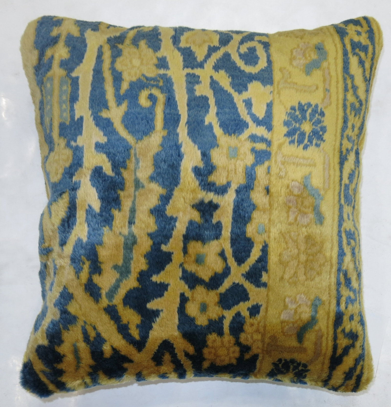 Indian Agra Rug Pillow 1' 5" x 1' 6" Blue: Indian Agra Rug Pillow 1' 5" x 1' 6" Blue Decorative pillow made from a traditional Indian Agra rug, featuring an indigo blue design. Includes a polyfill insert and a zipper closure. Pre-owned conditi