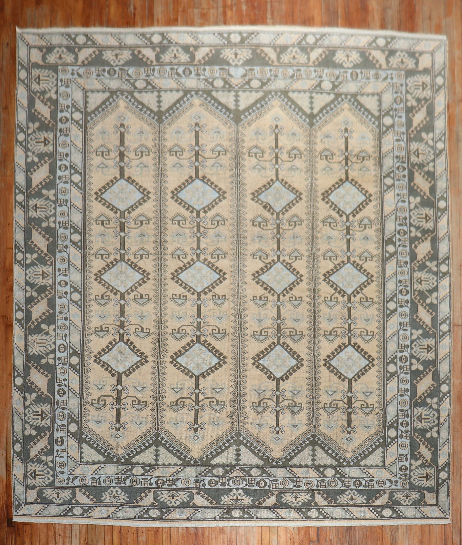 10' 4" x 11' 10" Turkish Anatolian Room Rug in Khaki: 10' 4" x 11' 10" Turkish Anatolian Room Rug in Khaki Mid 20th-century Turkish Anatolian rug featuring an all-over tribal geometric design with charcoal and light blue accents on a khaki field. This ro