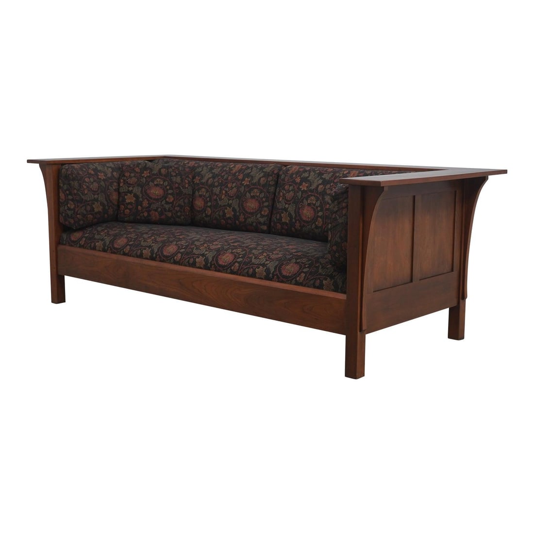 84.5w Stickley cherry wood sofa Arts and Crafts style: 84.5w Stickley cherry wood sofa Arts and Crafts style Arts & Crafts Mission style sofa with solid cherry construction and upholstery. Dated c2002, it features finish #11 and a brown color palette. The