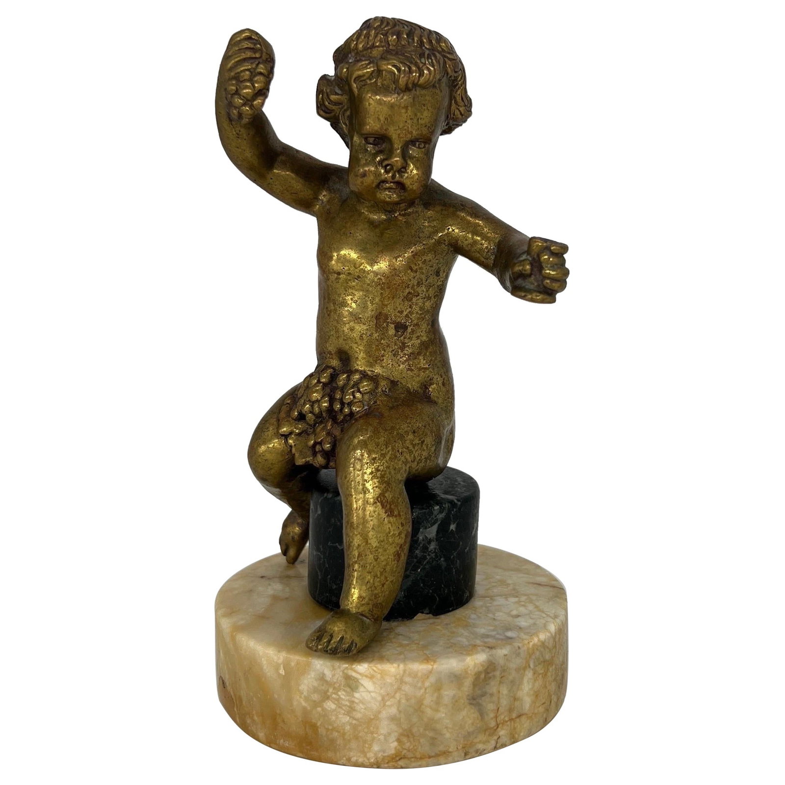 Antique French Gilt Bronze Cherub Statue Grapes into Wine Falconet Style: Antique French Gilt Bronze Cherub Statue Grapes into Wine Falconet Style This exquisite Antique French Gilt Bronze statue, titled "Grapes into Wine," features a cherub design reminiscent of the work o
